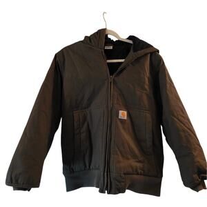Carhartt Boys Quilted Lined Olive Hooded Jacket W/Zipper Chore Coat Barn Sz L